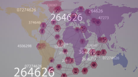Animation-of-changing-numbers-and-globe-of-digital-icons-spinning-over-world-map-on-grey-background