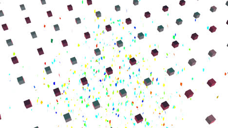 Animation-of-colorful-geometrical-and-confetti-falling-shapes-over-white-background