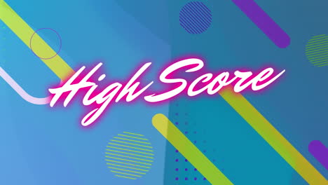 Animation-of-neon-high-score-text-banner-over-colorful-abstract-shapes-against-blue-background