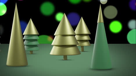 Árboles-De-Navidad-Modernistas-Dorados-Y-Verdes-Sobre-Coloridas-Luces-Bokeh-Sobre-Fondo-Negro