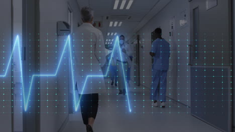 Animation-of-heart-rate-monitor-over-diverse-doctors-and-healthworkers-running-in-hospital-corridor