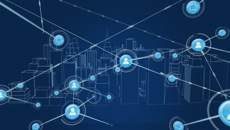 Animation-of-network-of-connections-with-icons-over-digital-cityscape-on-blue-background