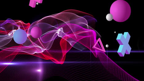Animation-of-glowing-mesh-and-shapes-over-black-background