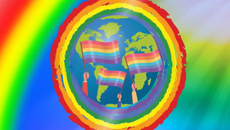 Animation-of-hands-waving-rainbow-pride-flags-over-globe-in-rainbow-circle