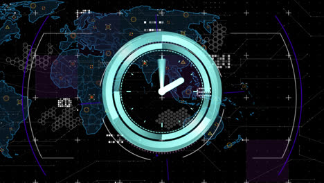Animation-Des-Zielfernrohr-Scannens-über-Einer-Neonfarbenen-Tickenden-Uhr-Und-Einer-Weltkarte-Vor-Schwarzem-Hintergrund