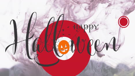 Animation-of-happy-halloween-text-and-pumpkin-over-smoke-on-white-background