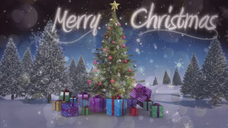 Animation-of-snow-over-merry-christmas-text-against-christmas-tree-and-gifts-on-winter-landscape