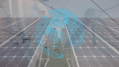 Animation-of-globe-and-connections-over-solar-panels