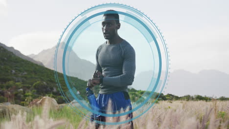 Animation-of-data-processing-over-african-american-man-exercising-in-nature