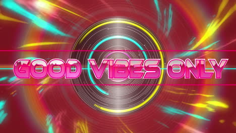 Animation-of-good-vibes-only-text-banner-over-light-trails-and-round-scanner-against-red-background