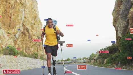 Animation-of-social-media-icons-over-african-american-man-with-prosthetic-leg-trekking-on-the-road