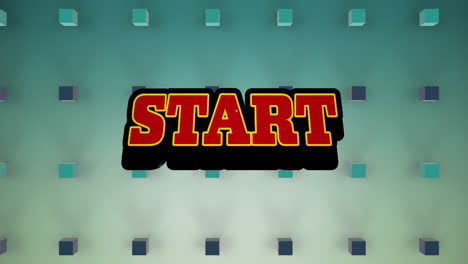 Animation-Des-Starttextes-über-Einer-Retro-Sprechblase-Vor-Quadratischen-3D-Formen-Auf-Blauem-Hintergrund