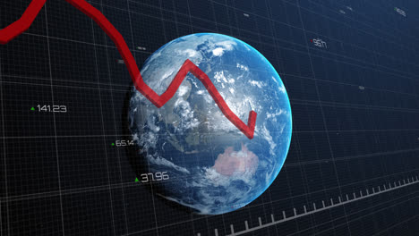 Animation-of-statistics-with-red-line-and-data-processing-over-earth-globe-on-blue-background