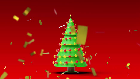 Animation-Von-Konfetti,-Das-über-Den-Weihnachtsbaum-Auf-Rotem-Hintergrund-Fällt