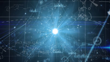 Animation-of-lens-flare-over-connected-dots-and-mathematical-equations-with-graph-icons