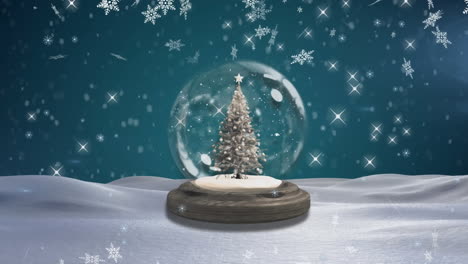 Animation-of-christmas-snow-globe-with-chirstmas-tree-over-snow-falling-in-winter-scenery