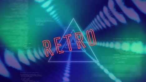 Animation-of-retro-text-banner-over-neon-triangular-tunnel-in-seamless-pattern-and-data-processing
