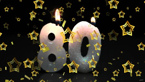 Animation-of-80-birthday-candles-with-gold-stars-on-black-background