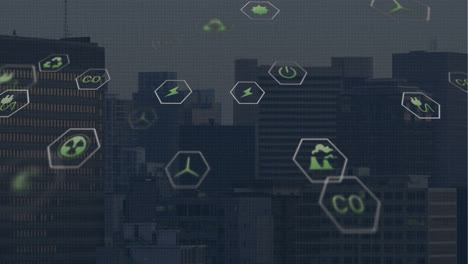 Animation-of-multiple-digital-icons-floating-against-aerial-view-of-cityscape