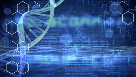 Animation-Von-DNA-Und-Chemischen-Strukturen-über-Datenverarbeitung-Und-Digitalen-Wellen-Auf-Blauem-Hintergrund
