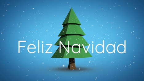 Animation-Des-Textes-„Felix-Navidad“-Und-Schneefall-über-Einem-Sich-Drehenden-Weihnachtsbaum-Auf-Blauem-Hintergrund