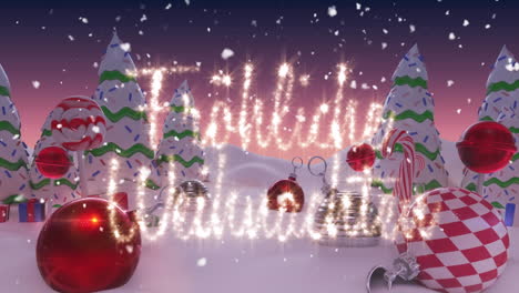 Animation-of-snow-falling-over-frohe-weihnachten-text-against-decorations-on-winter-landscape