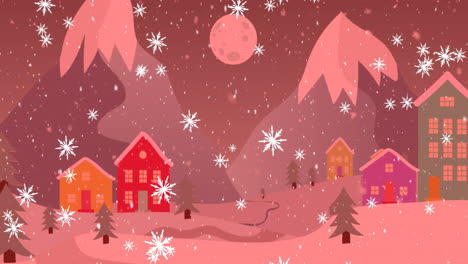 Animation-of-snow-falling-and-christmas-winter-scenery-on-pink-background