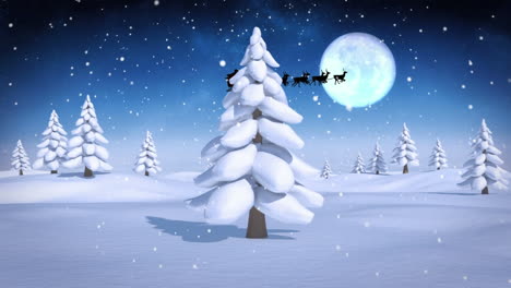 Animation-of-snow-falling-over-santa-claus-in-sleigh-pulled-by-reindeers-over-winter-landscape