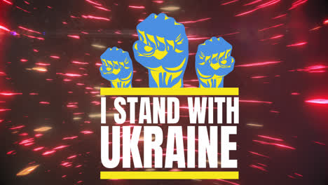 Animation-of-i-stand-with-ukraine-over-black-space-with-red-lights-moving-fast