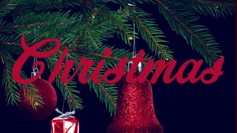 Animation-of-christmas-text-banner-over-hanging-decorations-on-a-branch-against-black-background
