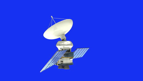 Animation-of-old-document-disintegrating-over-satellite-with-dish-and-solar-panels-on-blue