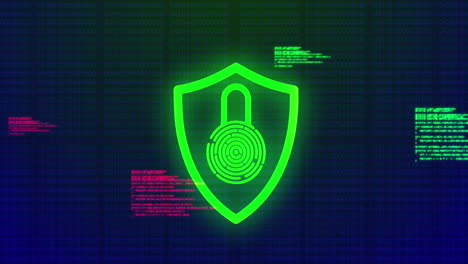 Animation-of-security-padlock-icon-and-data-processing-against-black-background