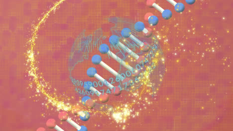 Animation-of-light-spots-over-dna-strand-and-globe-on-red-background