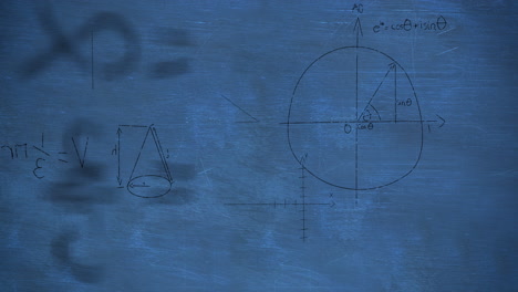 Animation-of-mathematical-equations-and-diagrams-floating-against-blue-chalboard-with-copy-space