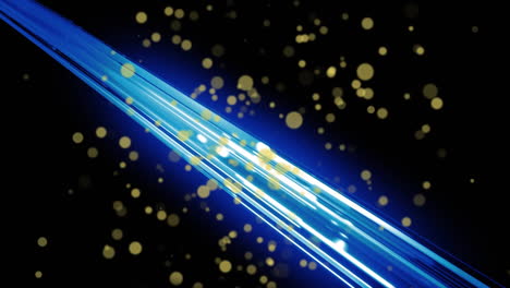 Animation-of-yellow-spots-over-glowing-blue-light-trails-against-black-background-with-copy-space