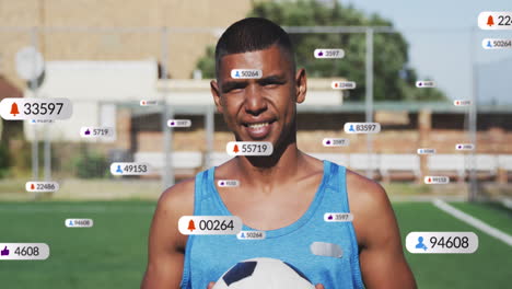 Animation-of-multiple-notification-bars,-portrait-of-biracial-male-soccer-player-standing-in-ground