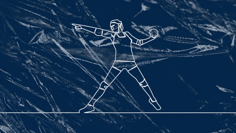Animation-of-drawing-of-female-handball-player-throwing-ball-and-shapes-on-blue-background