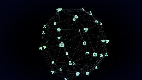 Animation-of-globe-of-connections-with-icons-on-black-background