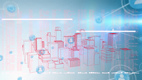 Animation-of-lines,-computer-language-and-connected-icons-over-3d-model-of-city-on-blue-background