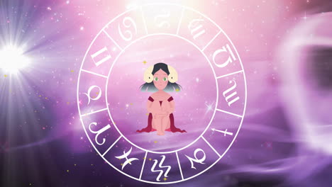 Animation-of-virgo-star-sign-in-zodiac-wheel-on-starry-night-sky