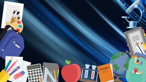 Animation-of-school-equipment-and-apple-on-blue-swirl-background