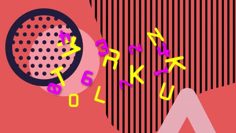 Animation-of-changing-alphabets-and-numbers-over-abstract-shapes-against-pink-background