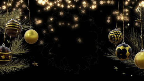 Swinging-black-and-gold-christmas-baubles-and-glowing-snowflakes-on-black-background