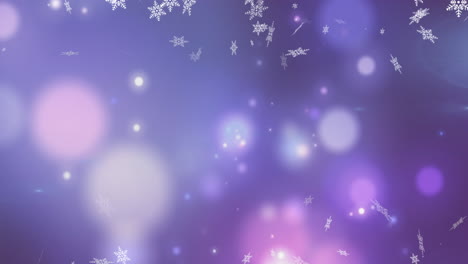 Animation-Von-Schneeflocken,-Die-Vor-Leuchtenden-Lichtpunkten-Auf-Violettem-Hintergrund-Mit-Kopierraum-Schweben