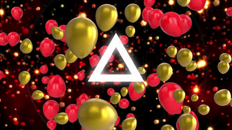Animation-Eines-Dreiecks-Mit-Roten-Und-Goldenen-Luftballons-Auf-Dunklem-Hintergrund