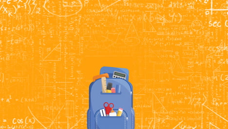 Animation-of-school-concept-icons-falling-inside-backpack-against-mathematical-equations