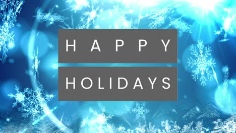 Animation-of-happy-holidays-text-over-glowing-spots-of-light-and-snowflakes-against-blue-background