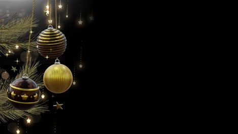 Swinging-black-and-gold-christmas-baubles-over-falling-glowing-stars-on-dark-background,-copy-space