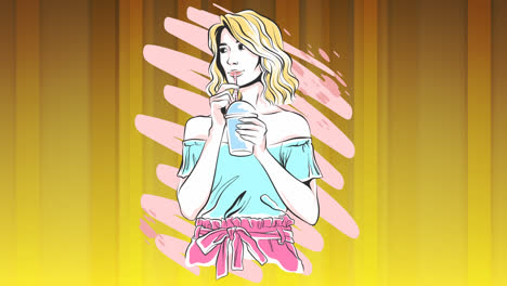 Animation-of-woman-drinking-over-pink-background-on-yellow-background