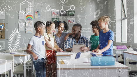 Animation-of-chemical-formulas-on-african-american-male-teacher-and-students-using-tablet-at-school